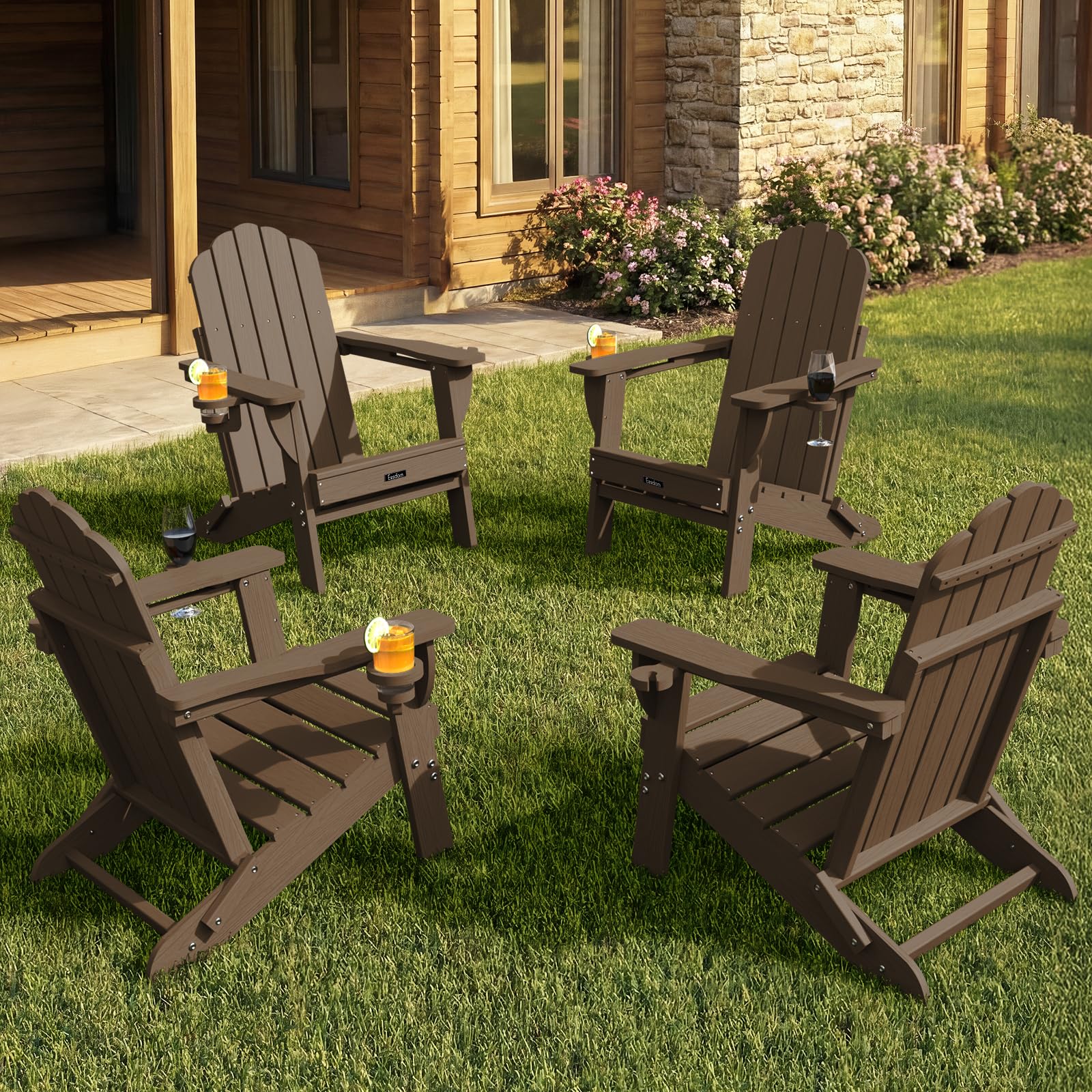 Folding Adirondack Chair,All-Weather HDPE Fire Pit Chair with 2 Cup Holders, Plastic Outdoor Chair for Patio Deck Garden Lawn, Black