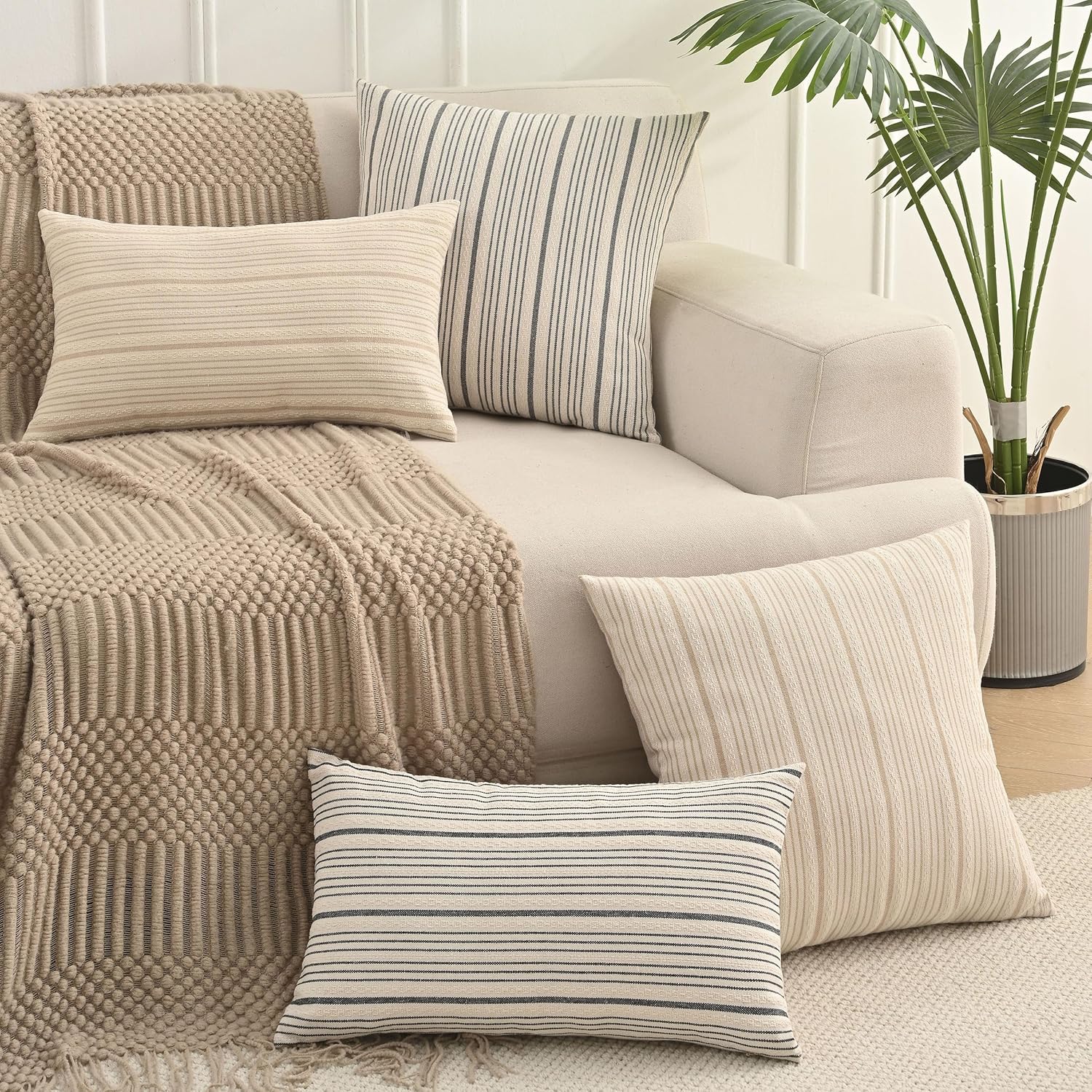 Tan Pillow Covers Farmhouse Linen Throw Pillow Covers Striped Outdoor Decorative Square Throw Pillows for Couch Sofa Bed 18x18 in Pack of 2 Cream and Beige