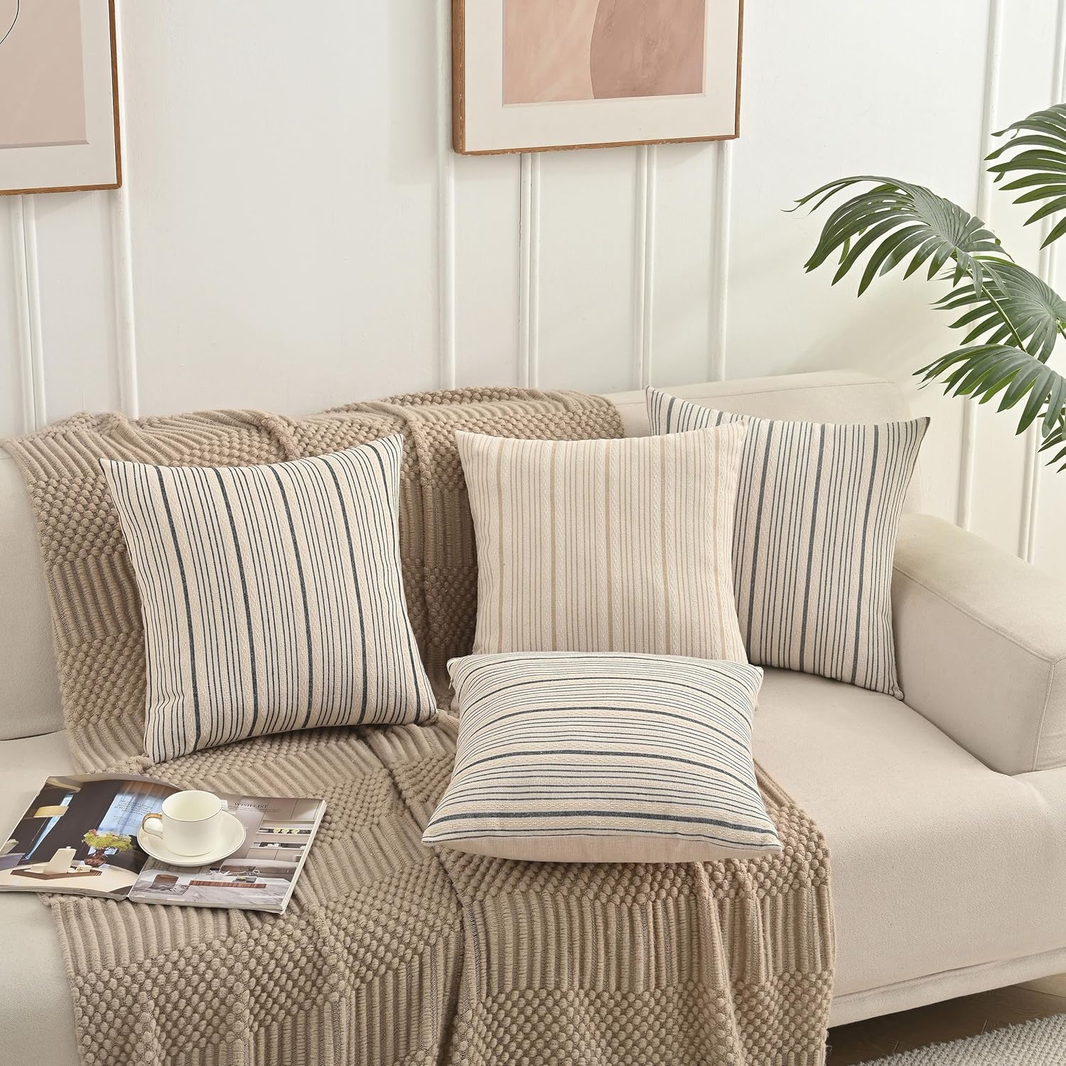 Tan Pillow Covers Farmhouse Linen Throw Pillow Covers Striped Outdoor Decorative Square Throw Pillows for Couch Sofa Bed 18x18 in Pack of 2 Cream and Beige